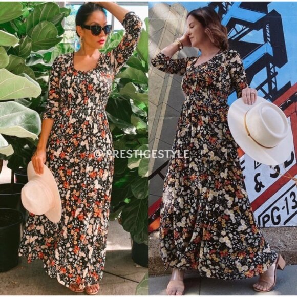 Anthropologie Omya Fall Flora Maxi Dress XS Back Orange Smocked Waist Scoop Neck - Picture 1 of 16